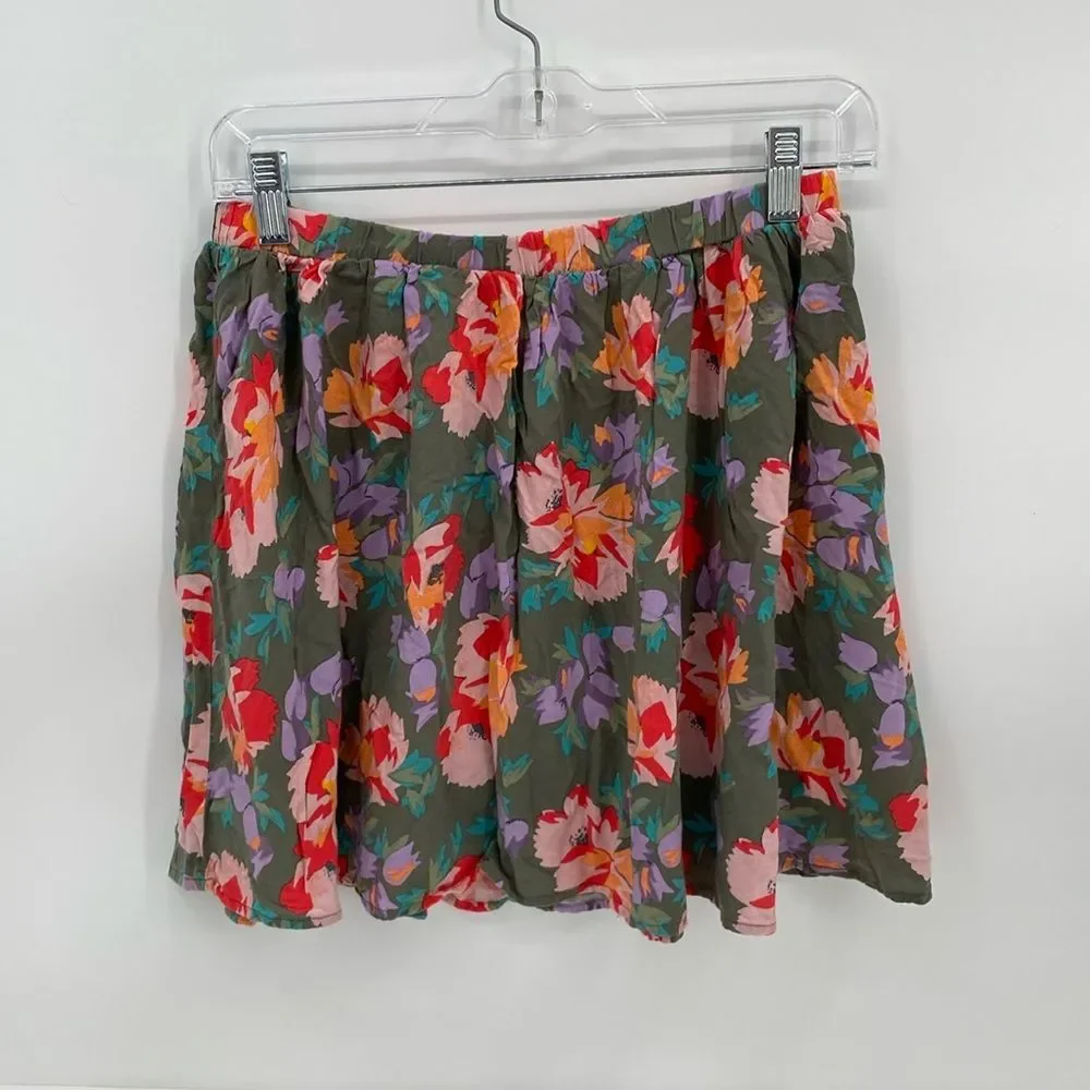Old Navy Pleated Mini Skirt Olive Green Floral Print Elastic Waist XXL 16